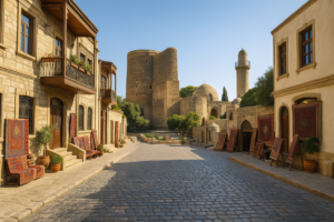 Maiden Tower in Baku Old City Azerbaijan during a quiet post F1 day